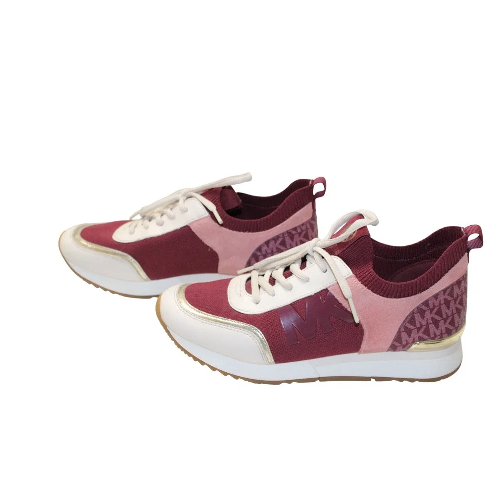 MICHAEL KORS Jenkins Stretch Knit Trainer Womens 8.5 EUC Burgundy Cream Suede - Picture 2 of 8